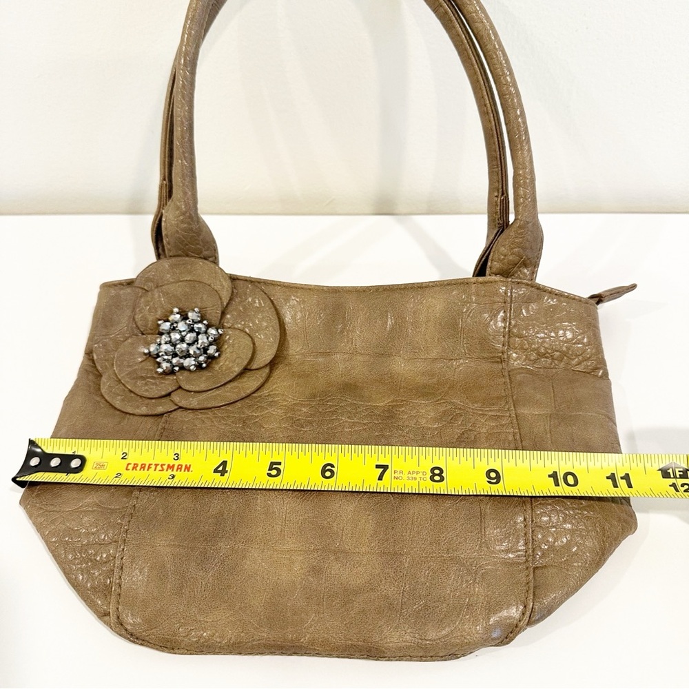 Elegant Tan Flower Crinkle Zipper Small Tote Handbag with Floral Accent - Picture 4 of 10